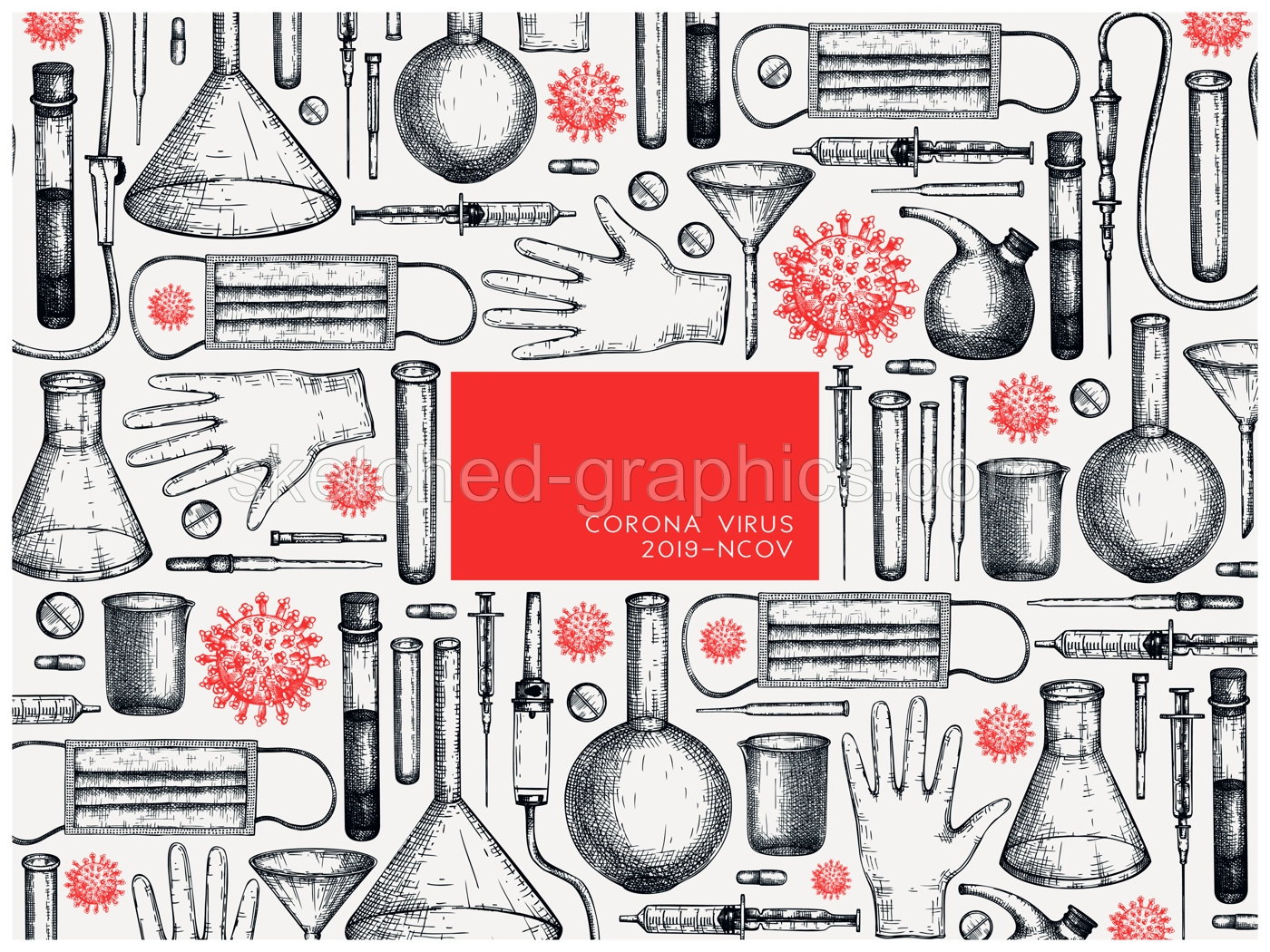 Coronavirus vaccine vector set. Hand-sketched collection of Covid-19 vaccination illustrations with vaccine bottle, syringe injection tools, and different viruses. Vintage medical sketches Illustration